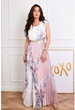 SUKIENKA MAXI PLISOWANA W KWIATY w kolorze biało-pudrowo różowym. MODEL:LO-8795