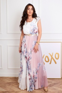 SUKIENKA MAXI PLISOWANA W KWIATY w kolorze biało-pudrowo różowym. MODEL:LO-8795