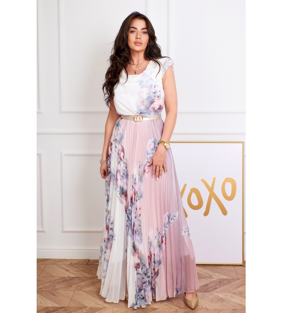 SUKIENKA MAXI PLISOWANA W KWIATY w kolorze biało-pudrowo różowym. MODEL:LO-8795