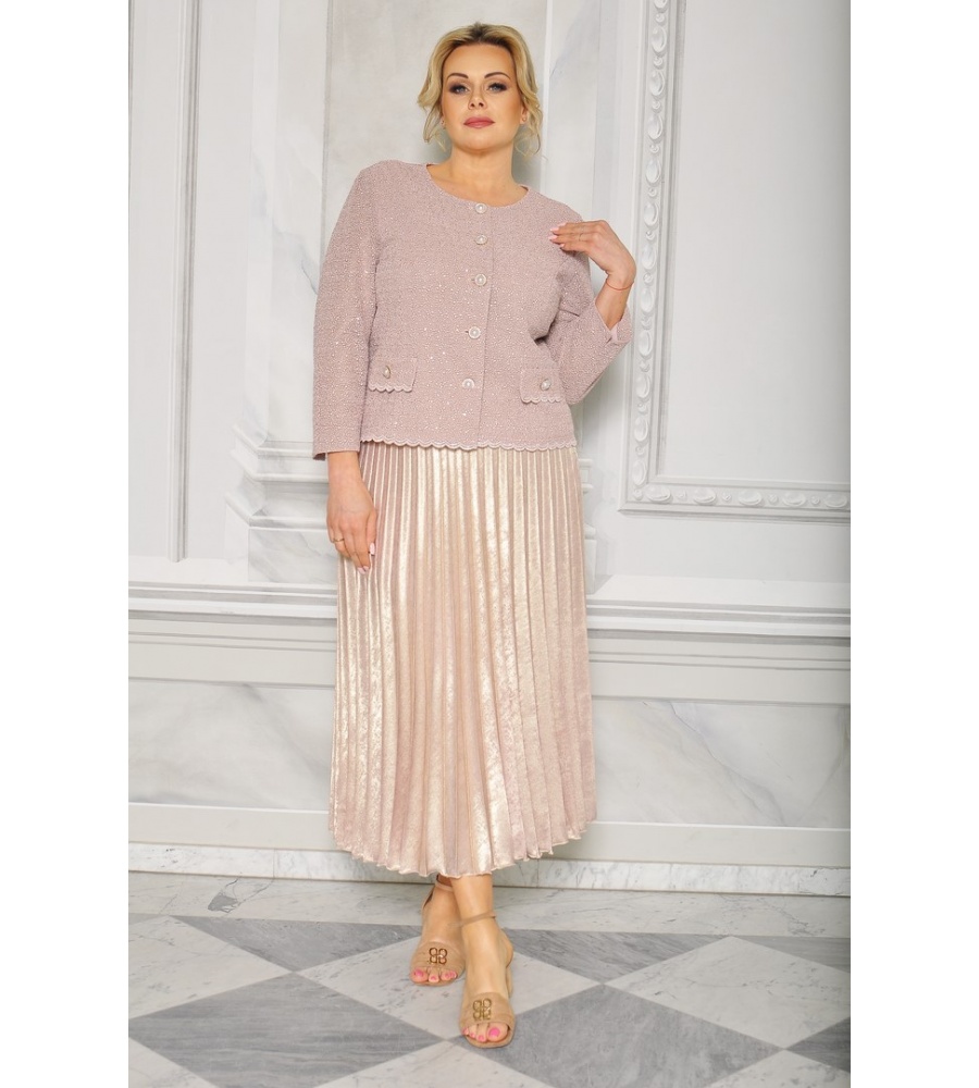 Szykowny komplet ze spódnicą i żakietem w kolorze różowo-beżowym. Model: IP-8801