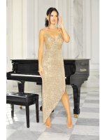 Sukienka cekinowa maxi na cienkich ramiączkach asymetryczna w kolorze złotym. MODEL: CU-8950