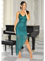 Sukienka cekinowa maxi na cienkich ramiączkach asymetryczna w kolorze zielonym. MODEL: CU-8952