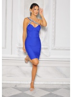 Bandażowa sukienka MINI z cyrkoniowym zdobieniem w kolorze NIEBIESKIM. Model: IP-9034