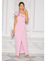 SUKIENKA MAXI NA JEDNO RAMIĘ Z FALBANKAMI W KOLORZE PUDROWEGO RÓŻU. Model: KM-8980