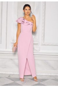 SUKIENKA MAXI NA JEDNO RAMIĘ Z FALBANKAMI W KOLORZE PUDROWEGO RÓŻU. Model: KM-8980