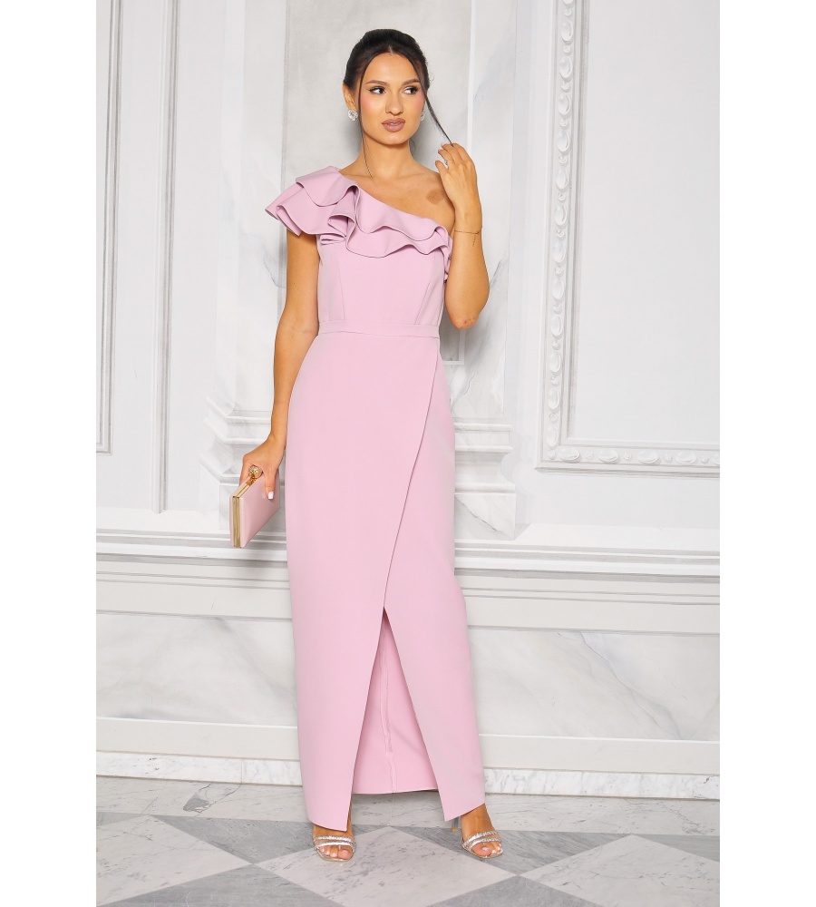 SUKIENKA MAXI NA JEDNO RAMIĘ Z FALBANKAMI W KOLORZE PUDROWEGO RÓŻU. Model: KM-8980