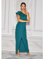 SUKIENKA MAXI NA JEDNO RAMIĘ Z FALBANKAMI W KOLORZE BUTELKOWEJ ZIELENI. Model: KM-8986