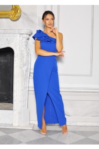 MAXI w kolorze SZAFIROWYM na jedno ramię z falbanami. Model: KM-8987
