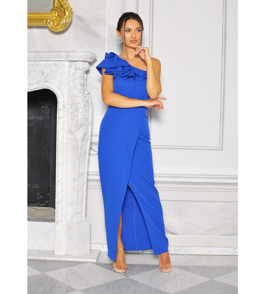 MAXI w kolorze SZAFIROWYM na jedno ramię z falbanami. Model: KM-8987