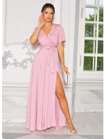 Brokatowa sukienka MAXI z gumką w talii oraz delikatnym rękawkiem w kolorze PUDROWEGO RÓŻU. MODEL: EB-9000