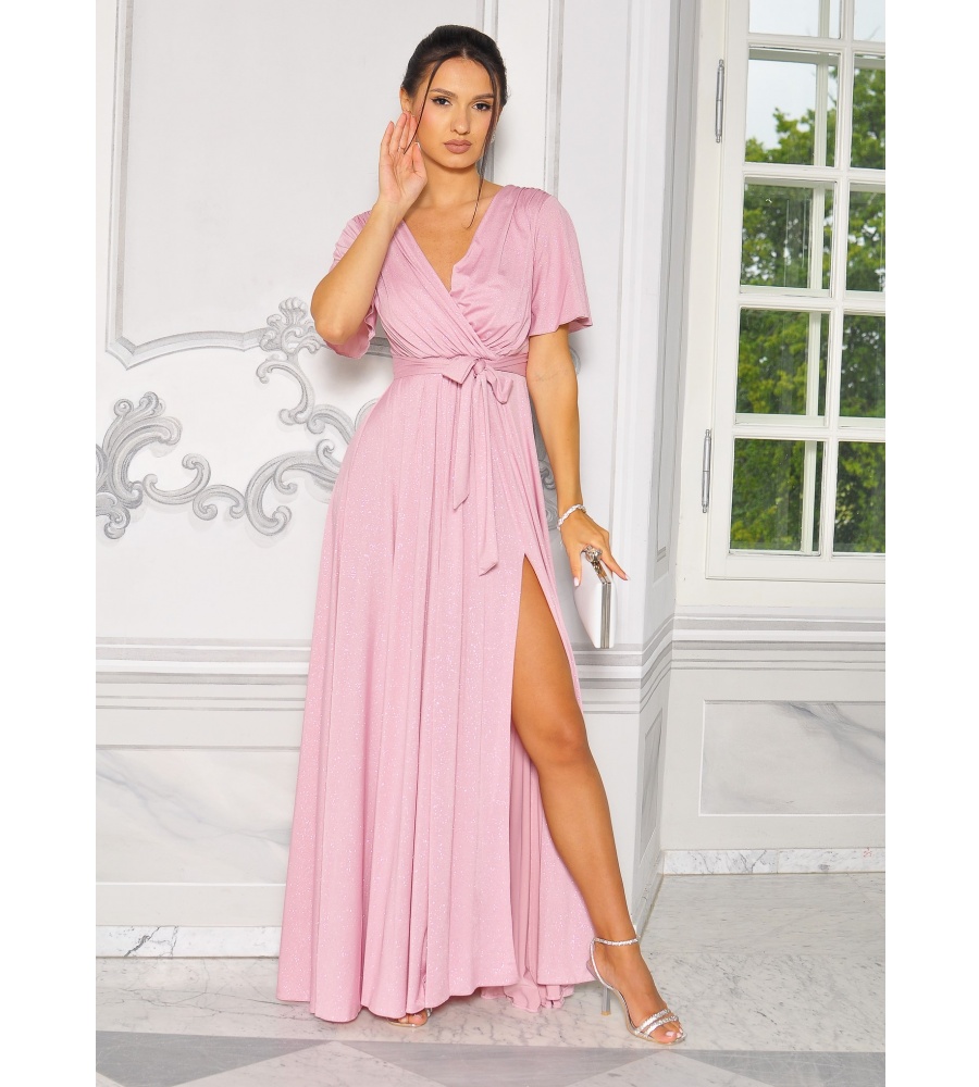 Brokatowa sukienka MAXI z gumką w talii oraz delikatnym rękawkiem w kolorze PUDROWEGO RÓŻU. MODEL: EB-9000