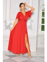 Brokatowa sukienka MAXI z gumką w talii oraz delikatnym rękawkiem w kolorze CZERWONYM.MODEL: EB-9003