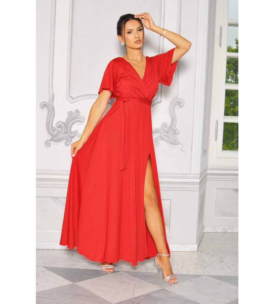 Brokatowa sukienka MAXI z gumką w talii oraz delikatnym rękawkiem w kolorze CZERWONYM.MODEL: EB-9003