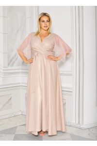 SUKIENKA MAXI POŁYSUJĄCA Z PASKIEM I TIULOWYMI RĘKAWKAMI W KOLORZE BEŻOWYM. Model: BM-9044
