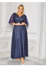 SUKIENKA MAXI POŁYSUJĄCA Z PASKIEM I TIULOWYMI RĘKAWKAMI W KOLORZE GRANATOWYM. Model: BM-9045