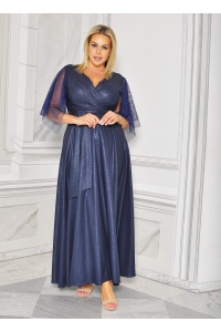 SUKIENKA MAXI POŁYSUJĄCA Z PASKIEM I TIULOWYMI RĘKAWKAMI W KOLORZE GRANATOWYM. Model: BM-9045