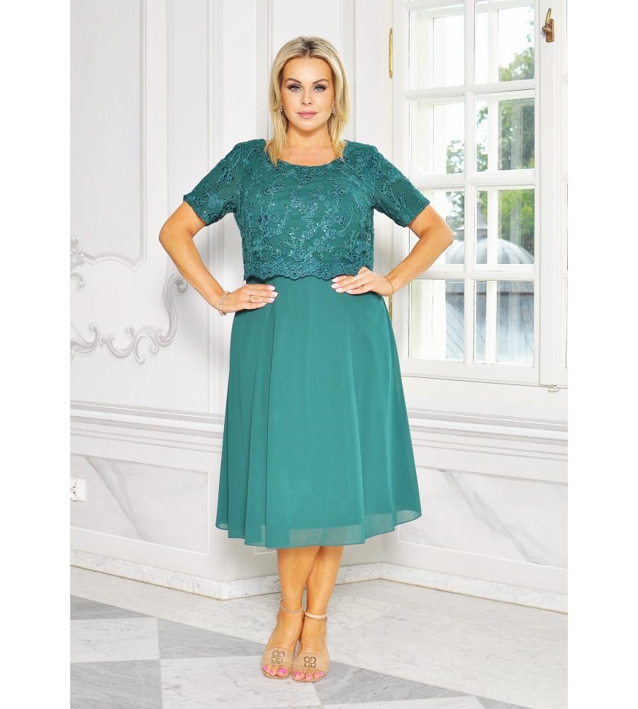 Sukienka midi w kolorze zielonym z koronkową górą. Model: GV-9068