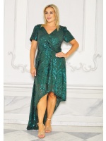 Asymetryczna cekinowa sukienka MAXI z krótkim rękawem w kolorze BUTELKOWEJ ZIELENI. Model: CU-9074