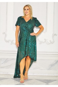 Asymetryczna cekinowa sukienka MAXI z krótkim rękawem w kolorze BUTELKOWEJ ZIELENI. Model: CU-9074