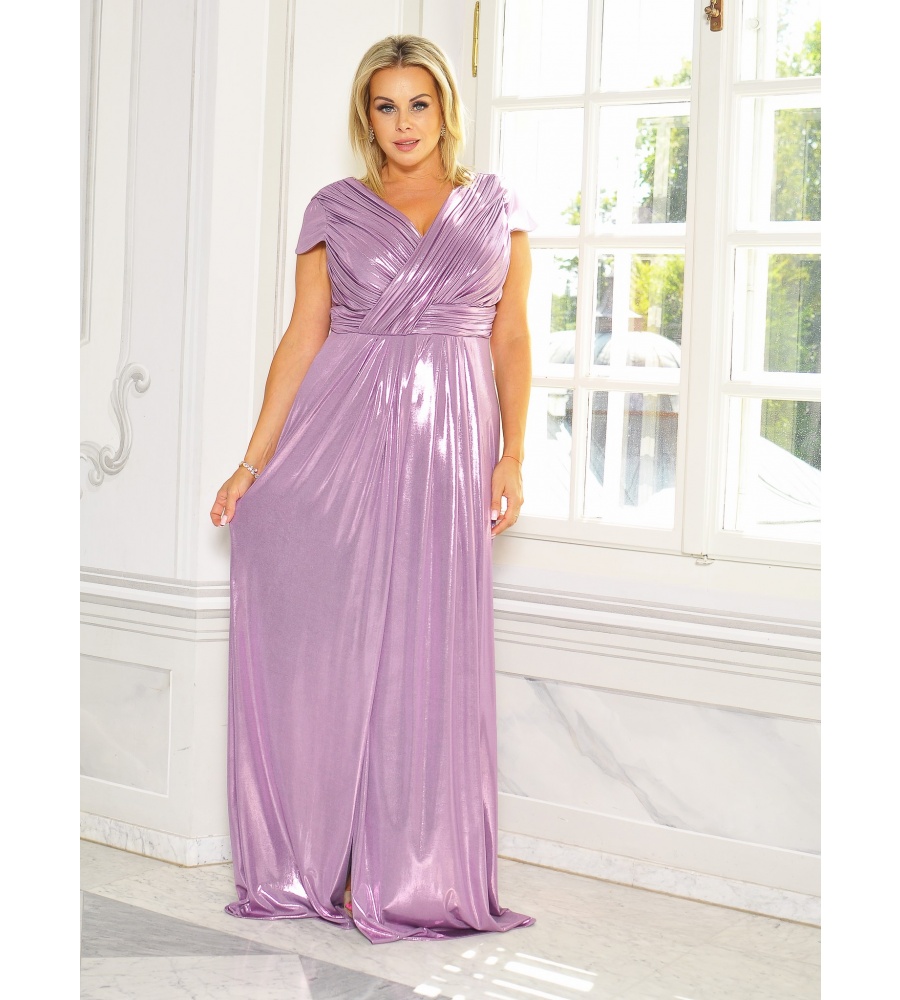 Sukienka maxi fioletowa z połyskującego materiału z krótkim rękawkiem. Model: CU-9087