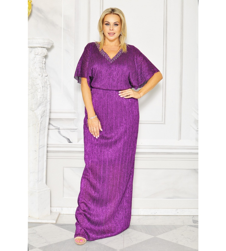 Elegancka sukienka MAXI w kolorze BISKUPIM z szerokimi rękawkami i bogato zdobionym dekoltem. Model: CU-9094