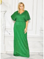 Elegancka sukienka MAXI w kolorze ZIELONYM z szerokimi rękawkami i bogato zdobionym dekoltem. Model: CU-9095