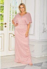 Elegancka sukienka maxi w kolorze pudrowego różu z szerokimi rękawkami i bogato zdobionym dekoltem. Model: CU-9096