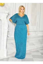 Elegancka sukienka MAXI w kolorze MORSKIM z szerokimi rękawkami i bogato zdobionym dekoltem CU-9097