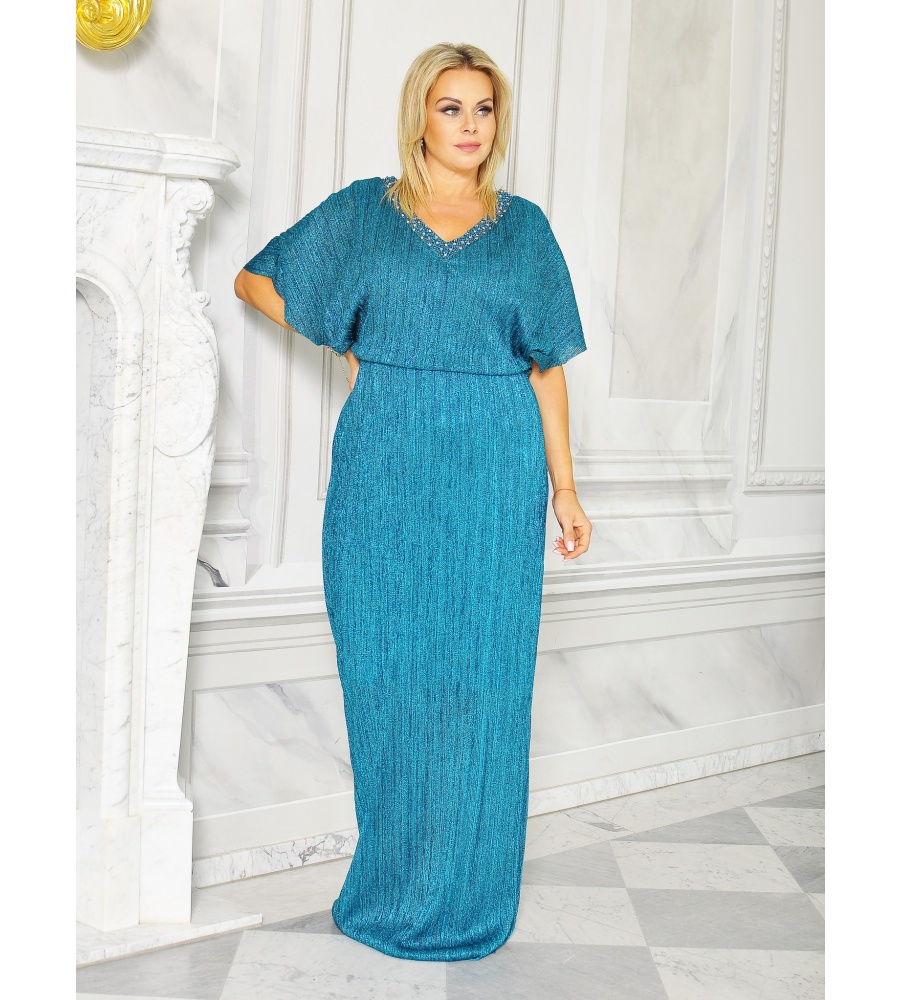 Elegancka sukienka MAXI w kolorze MORSKIM z szerokimi rękawkami i bogato zdobionym dekoltem CU-9097
