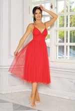 SUKIENKA MIDI Z TIULOWYM DOŁEM NA RAMIĄCZKACH W KOLORZE CZERWONYM. MODEL: AB-9139