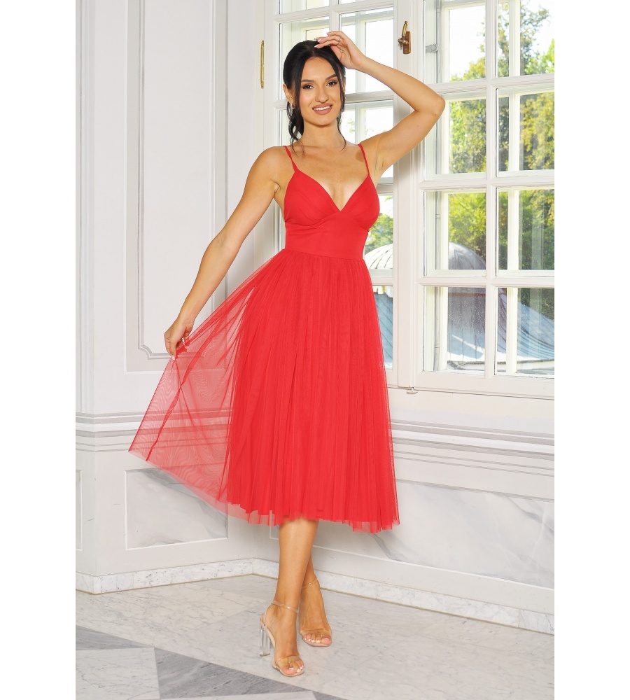 SUKIENKA MIDI Z TIULOWYM DOŁEM NA RAMIĄCZKACH W KOLORZE CZERWONYM. MODEL: AB-9139