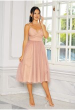 SUKIENKA MIDI BROKATOWA Z TIULOWYM DOŁEM NA RAMIĄCZKACH W KOLORZE BEŻOWYM. MODEL: AB-9140