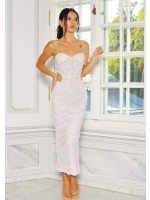 SUKIENKA MAXI DOPASOWANA Z PEREŁKAMI I WYCIĘCIAMI W TALII W KOLORZE BEŻOWO-BIAŁYM. MODEL: IP-9191