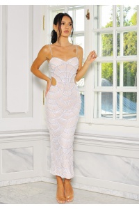 SUKIENKA MAXI DOPASOWANA Z PEREŁKAMI I WYCIĘCIAMI W TALII W KOLORZE BEŻOWO-BIAŁYM. MODEL: IP-9191