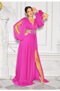 Niepowtarzalna sukienka z długim rozciętym rękawem w kolorze różowym. Model: DK-9218