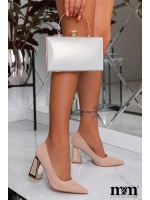 BUTY NA SŁUPKU W KOLORZE BEŻOWYM Z OBCASEM W OBRAMÓWCE ZŁOTEJ.MODEL:M388 BEIGE