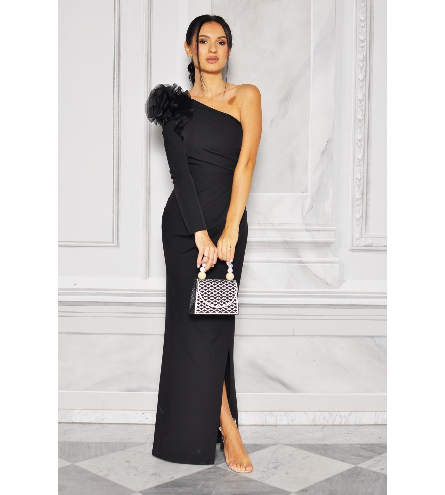 ELEGANCKA SUKIENKA NA JEDNO RAMIE Z OZDOBNĄ FALBANKĄ NA RAMIENIU. Model: BC-9326