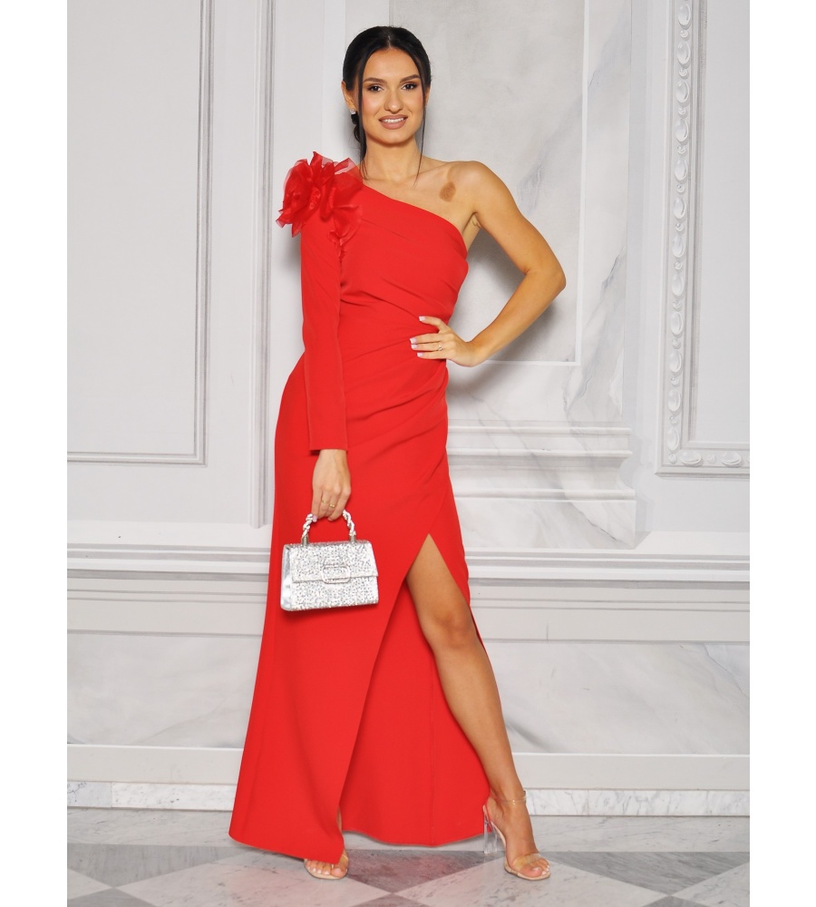 ELEGANCKA SUKIENKA NA JEDNO RAMIE Z OZDOBNĄ FALBANKĄ NA RAMIENIU.MODEL: BC-9327