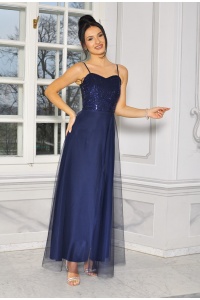 Sukienka z cekinową górą i tiulowym dołem w kolorze granatowym. MODELKM-9355