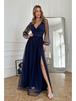 SUKIENKA W KOLORZE GRANATOWYM Z DŁUGIM TIULOWYM RĘKAWEM ORAZ MATERIAŁOWYM PASKIEM.MODEL: BC-9371