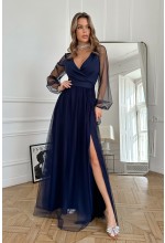 SUKIENKA W KOLORZE GRANATOWYM Z DŁUGIM TIULOWYM RĘKAWEM ORAZ MATERIAŁOWYM PASKIEM.MODEL: BC-9371