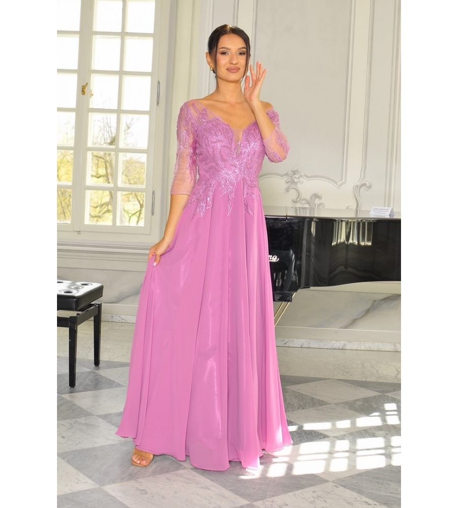 Elegancka sukienka maxi w kolorze różowym z rozkloszowanym dołem. MODEL: PW-9413
