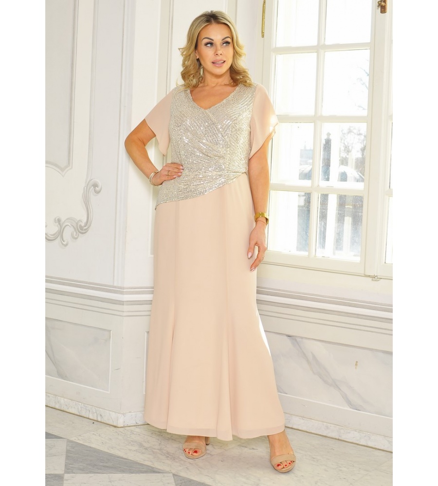 SUKIENKA MAXI W KOLORZE BEZOWYM Z CEKINOWA GÓRĄ.MODEL: GV-9425