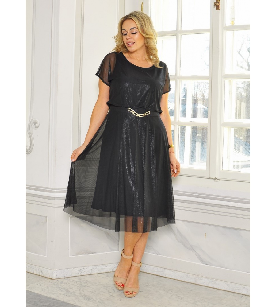 Sukienka szyfonowa z błyszczącą nitką w kolorze czarnym. Model: TR-9456