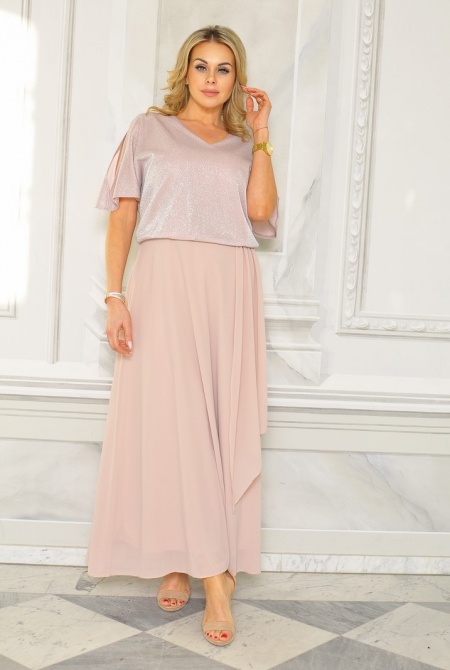 SUKIENKA MAXI Z BROKATOWĄ GÓRĄ I GŁADKIM DOŁEM W KOLORZE BRUDNEGO RÓZU. MODEL: GV-9468