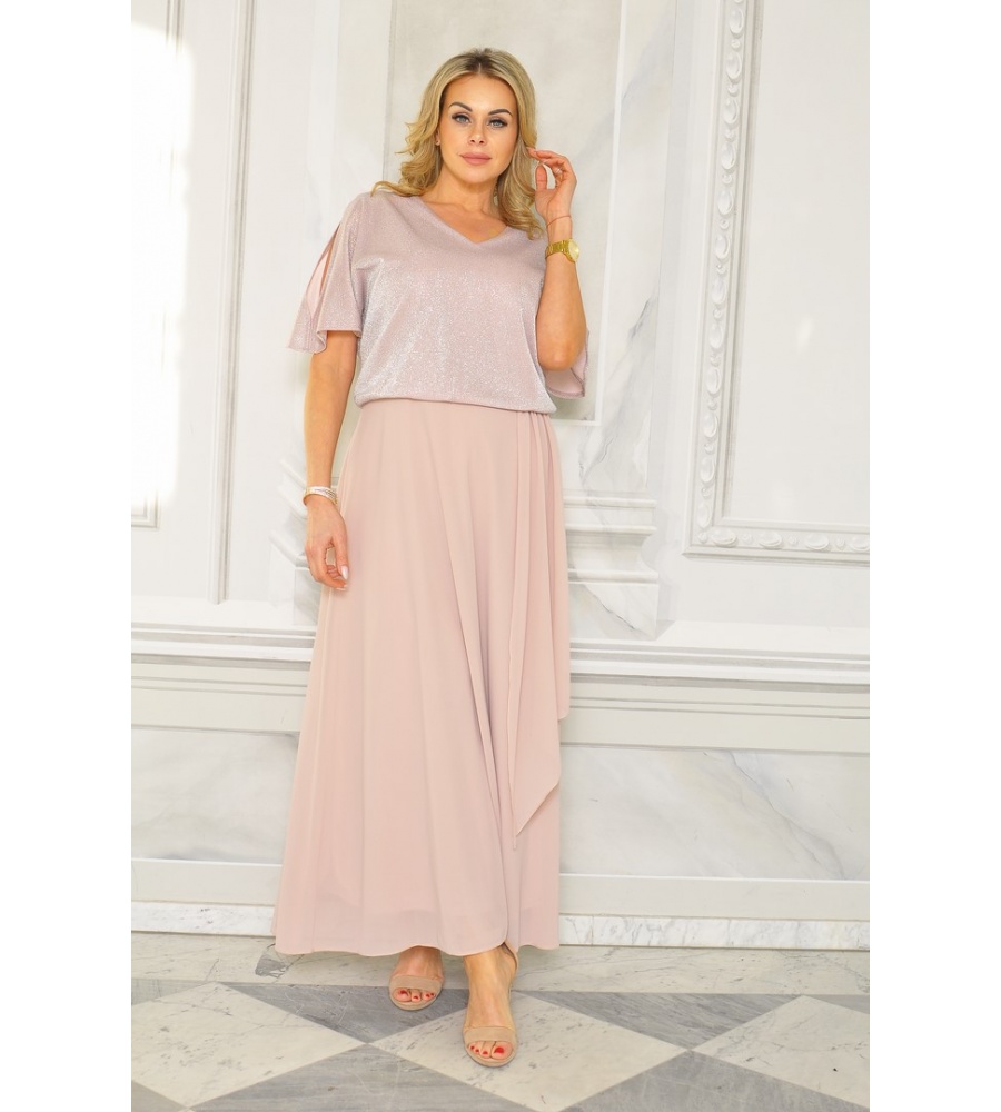 SUKIENKA MAXI Z BROKATOWĄ GÓRĄ I GŁADKIM DOŁEM W KOLORZE BRUDNEGO RÓZU. MODEL: GV-9468