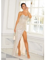 SUKIENKA MAXI CEKINOWA Z ROZCIECIELM I DEKOLTEM LEJĄCYM SREBRNA. MODEL : IP-9537