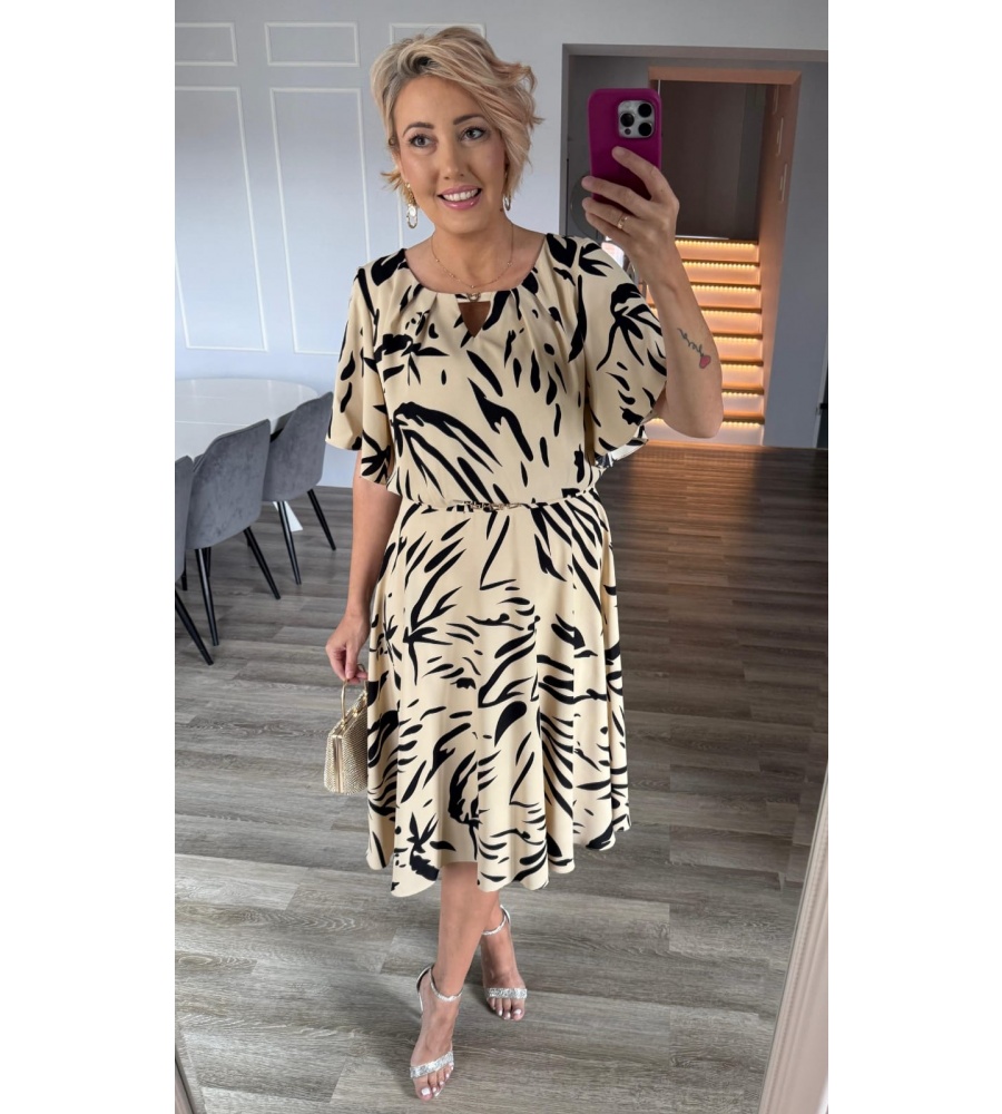 SUKIENKA MIDI ROZKLOSZOWANA WE WZÓR ALA ZEBRA BEŻOWO-CZARNY. MODEL:TR-9594
