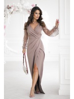 Sukienka Maxi z dwoma rękawami cekinowymi w kolorze cappucino . MODEL: BC-9717