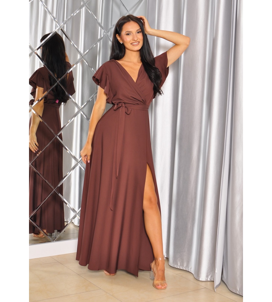 SUKIENKA MAXI Z RĘKAWKAMI ALA MOTYLEK W KOLORZE CZEKOLADOWYM. MODEL: KM-9770